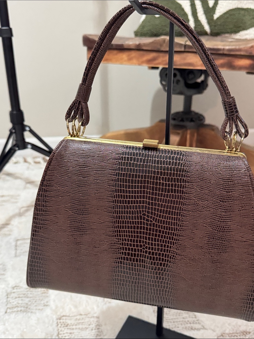 Vintage Dover Brown faux reptile Skin Frame Handbag Made in USA Top Handle Purse
